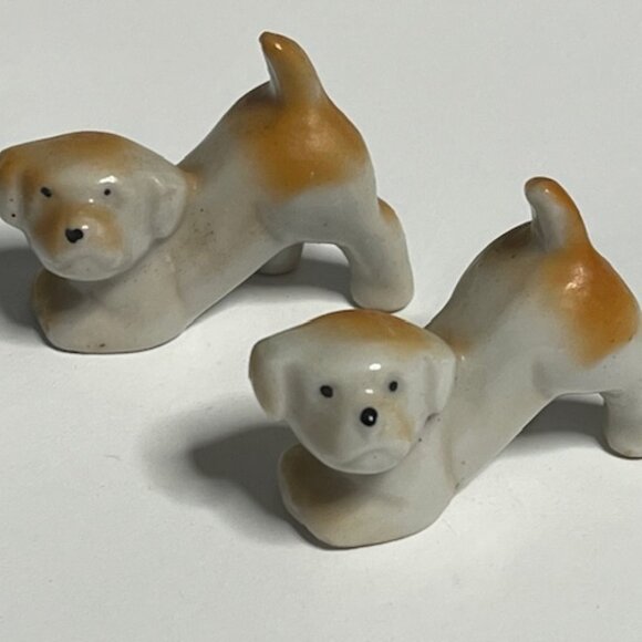 TWO Miniature Vintage White/Brown Puppies Porcelain Figurines 1.6" - Picture 1 of 11